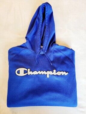 Champion Performance Tech Grid Hoodie Blue Embroidered Spellout Logo Men's Large